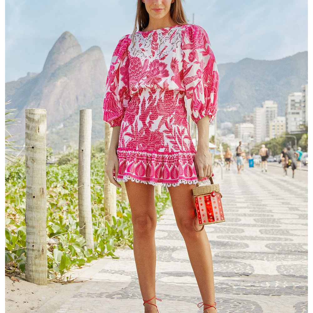 Farm Rio 'Tropical' Pink Woodcut Mini Dress Size XS